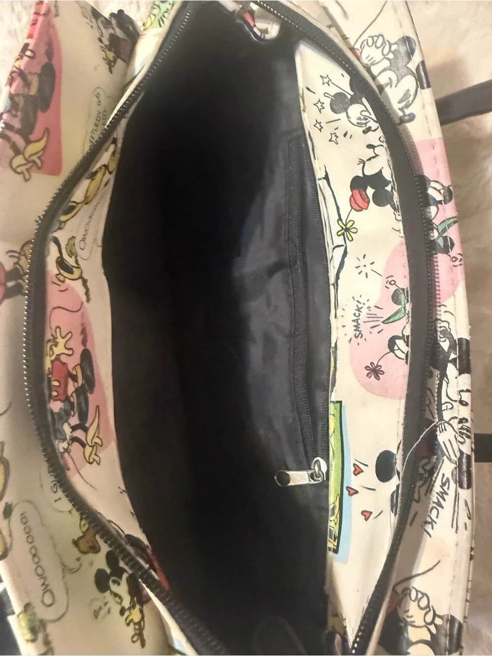 Disney White Cartoon Print Satchel with Black Handles and Pink Accents